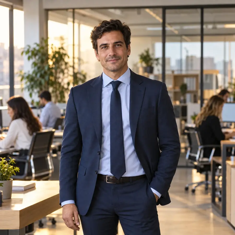 Director de una pyme en su oficina con su equipo trabajando al fondo