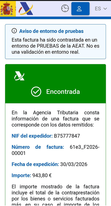 Pantalla de la Agencia Tributaria mostrando Encontrada: factura verificada con NIF del expedidor, número de factura, fecha e importe confirmados por la AEAT