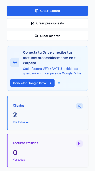 Dashboard de Verifacturamos en el móvil: botones Crear factura, Crear presupuesto y Crear albarán, conexión a Google Drive, contador de clientes y facturas emitidas
