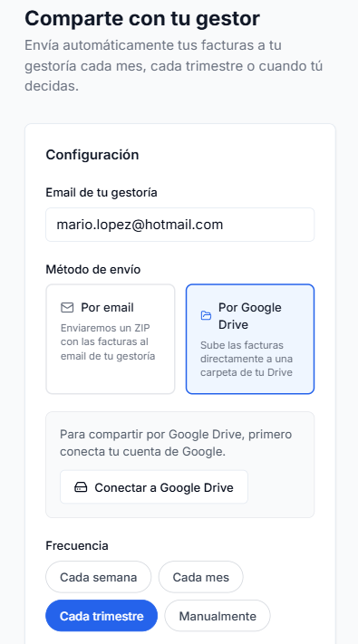 Pantalla de configuración de envío al gestor en Verifacturamos: opciones de email o Google Drive, frecuencia configurable