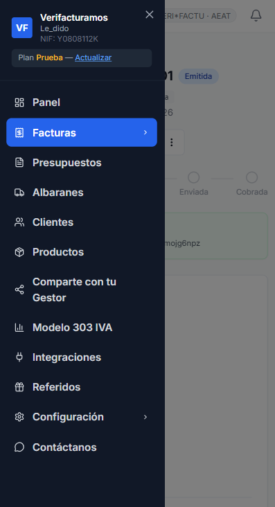 Pantalla de selección de tipo de factura en Verifacturamos: Factura Ordinaria, Multi-IVA, Simplificada, Intracomunitaria, Extracomunitaria, Exportación
